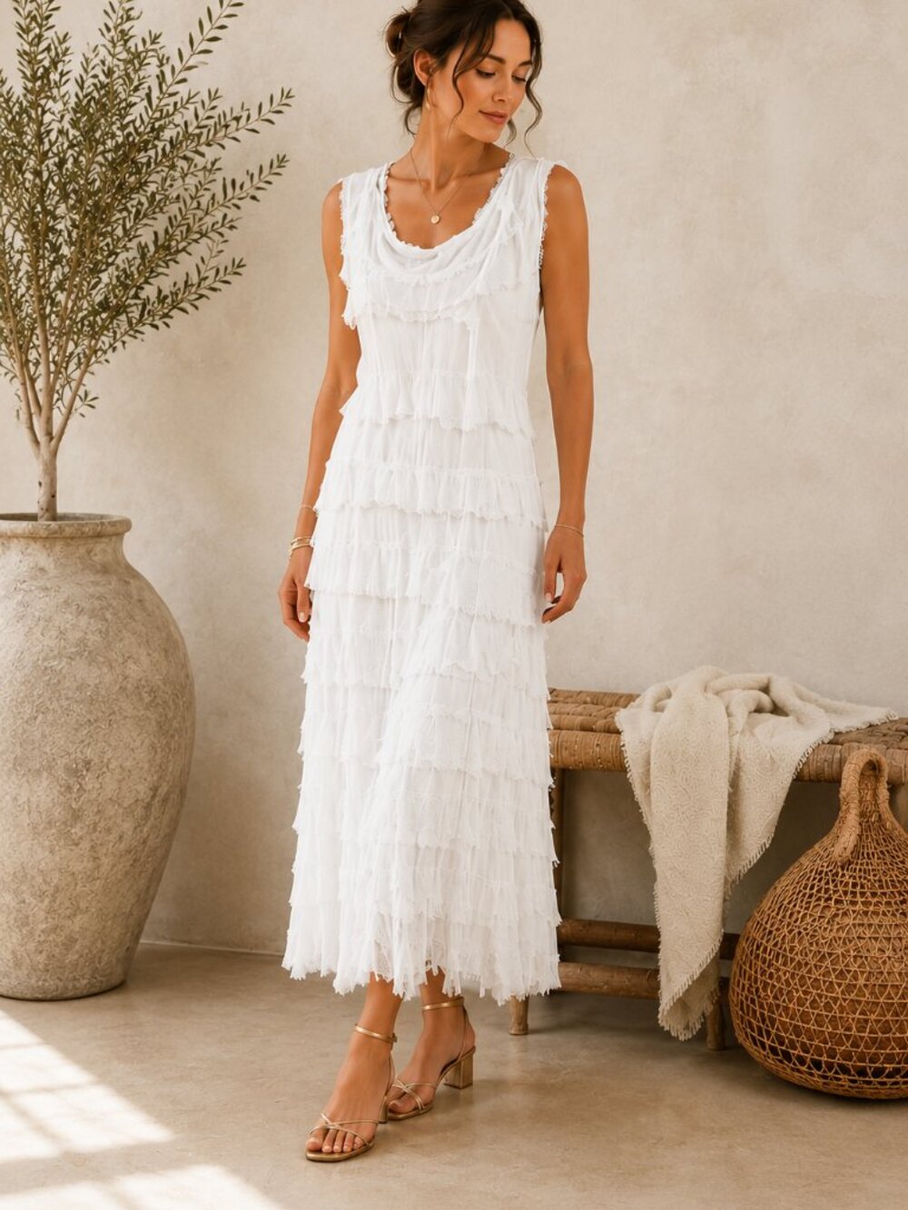 MG Italy Silk Dress OS White Ruffle Midi Made in Italy Boho Lagenlook Wedding